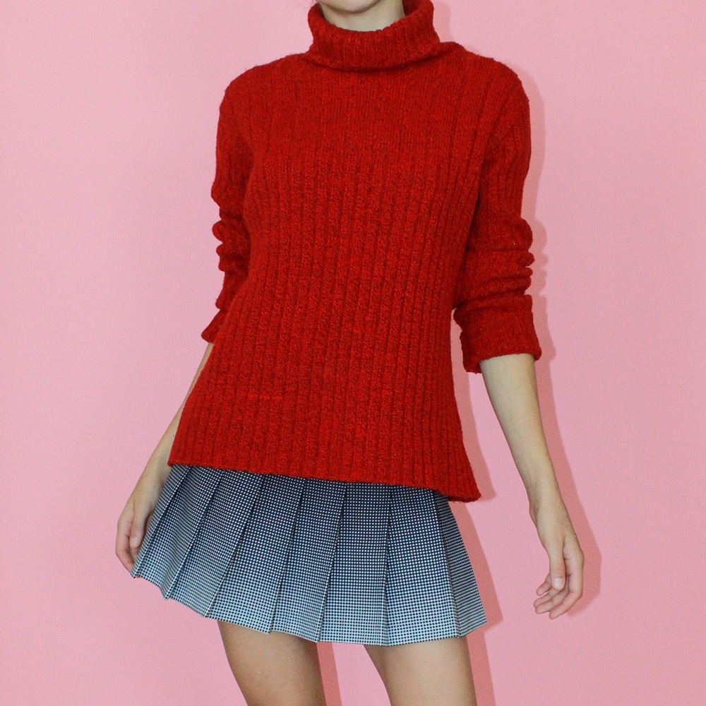 VTG 90s Red/Black Marl Ribbed Turtleneck Sweater L